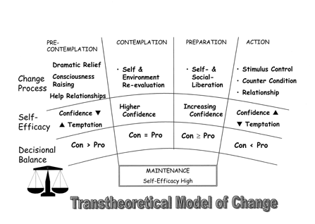 השלבים המרכזיים של המודל הטראנס תיאורטי של מוכנות לשינוי.